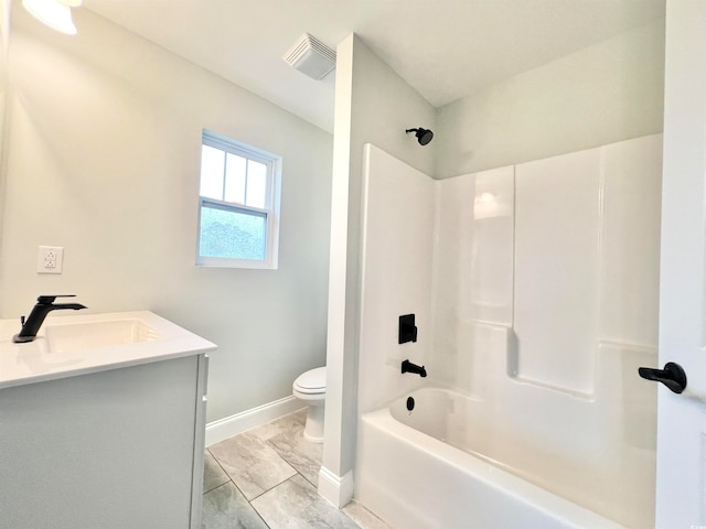 full bathroom with vanity, toilet, and bathtub / shower combination