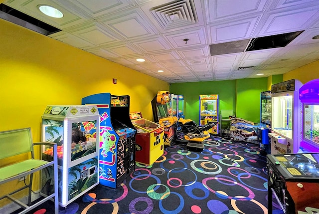 game room featuring dark colored carpet