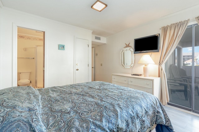 bedroom featuring crown molding, connected bathroom, access to exterior, and light wood-type flooring