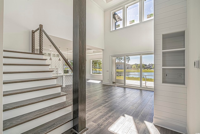 entrance foyer featuring a water view, a healthy amount of sunlight, a towering ceiling, and dark hardwood / wood-style flooring