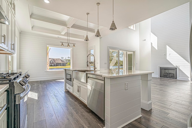 kitchen featuring appliances with stainless steel finishes, hanging light fixtures, white cabinetry, a wealth of natural light, and a center island with sink