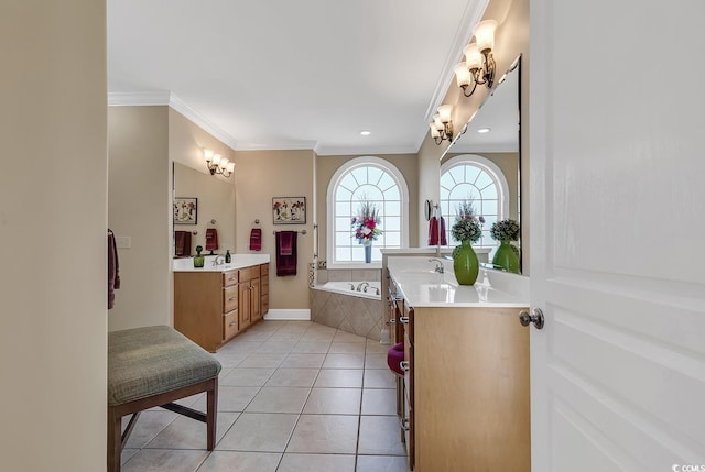 bathroom with a relaxing tiled bath, vanity, tile flooring, and ornamental molding