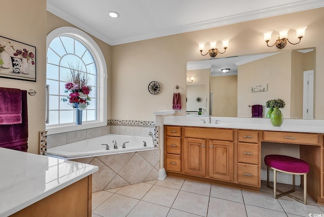 bathroom with vanity, tile floors, tiled tub, and ornamental molding