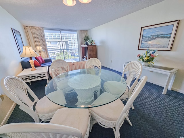 carpeted dining area with floor to ceiling windows and a textured ceiling