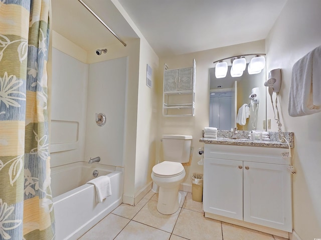 full bathroom featuring shower / bath combo, tile floors, toilet, and oversized vanity