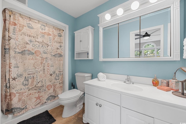 bathroom featuring toilet, tile flooring, and vanity