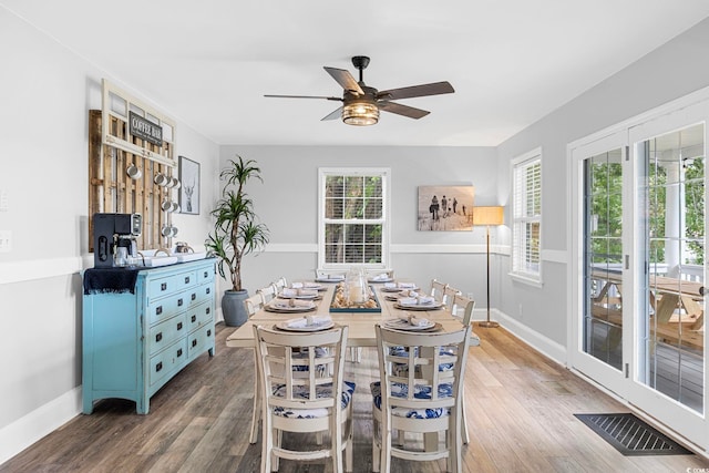 dining space featuring dark wood-type flooring and ceiling fan