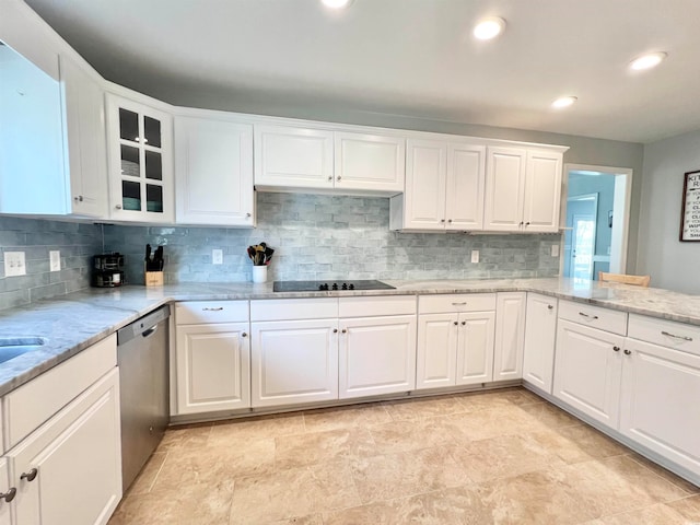 kitchen with light tile floors, white cabinets, dishwasher, backsplash, and light stone countertops