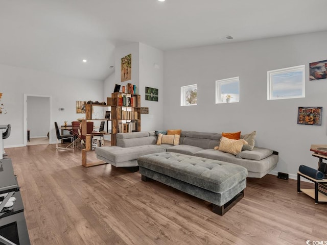 living room featuring light hardwood / wood-style floors and high vaulted ceiling