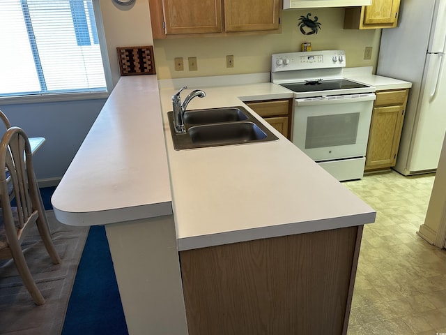 kitchen featuring sink, white appliances, and kitchen peninsula