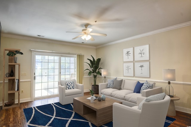 living room with ceiling fan, hardwood / wood-style floors, and crown molding