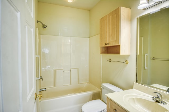 full bathroom featuring bathing tub / shower combination, toilet, and vanity