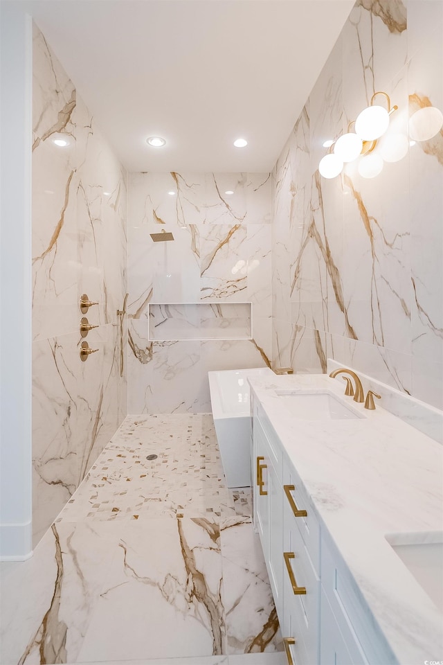 bathroom with tile walls, tile floors, and dual bowl vanity