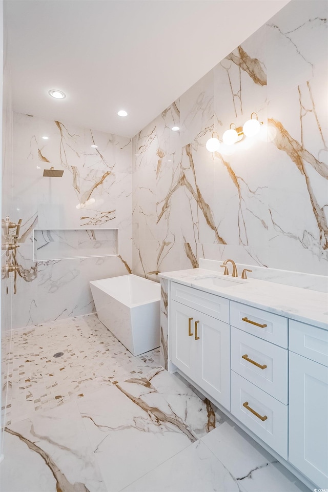 bathroom featuring tile walls, vanity, and tile floors