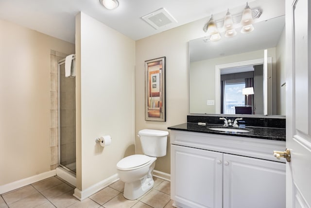 bathroom featuring tile patterned floors, toilet, vanity, and an enclosed shower