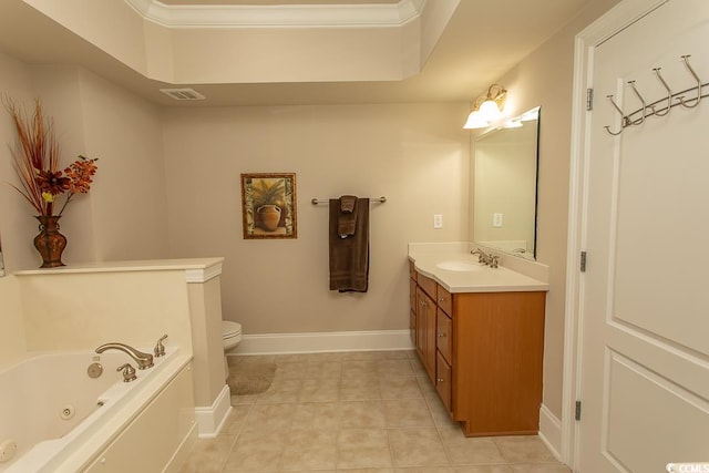 bathroom with toilet, tile floors, vanity, and crown molding