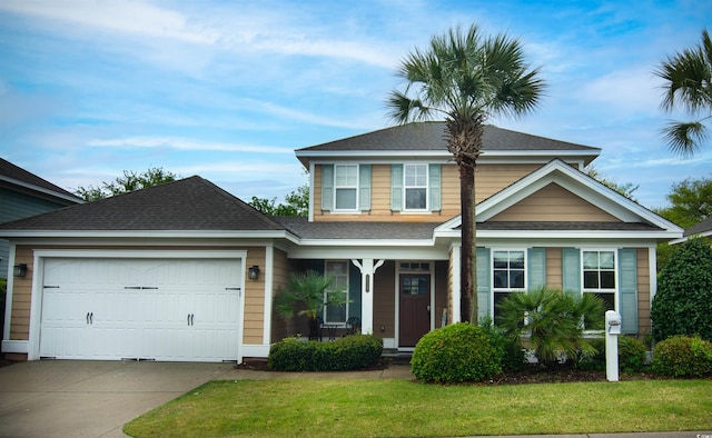 view of front of property with a garage and a front lawn