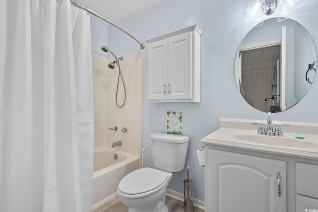 full bathroom with vanity, shower / bath combination with curtain, toilet, and hardwood / wood-style flooring