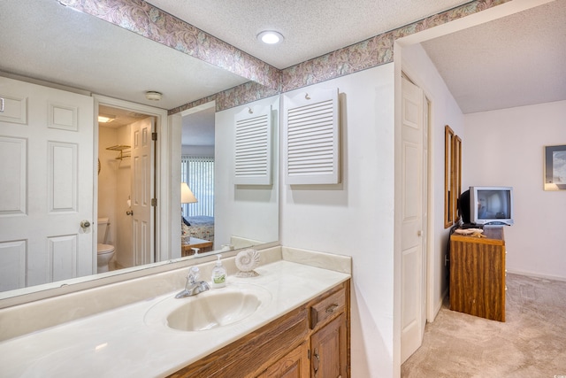 bathroom with vanity, toilet, and a textured ceiling