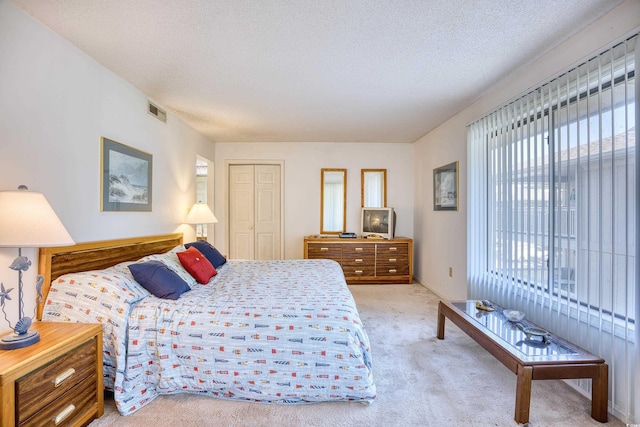 bedroom with a textured ceiling, light carpet, and a closet