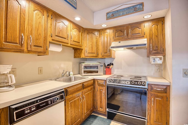 kitchen with tile patterned flooring, dishwasher, electric range oven, and sink