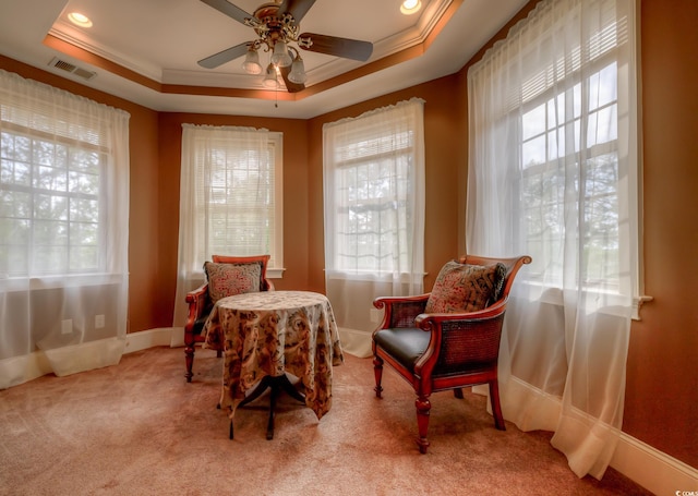 living area featuring plenty of natural light, a tray ceiling, and ceiling fan