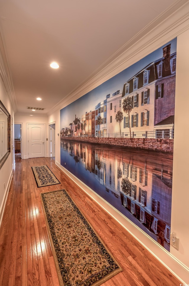 hallway featuring crown molding and dark wood-type flooring