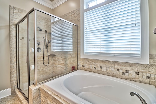 bathroom featuring crown molding, tile floors, and separate shower and tub