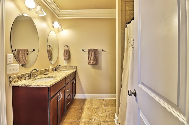 bathroom featuring tile flooring, crown molding, and double sink vanity