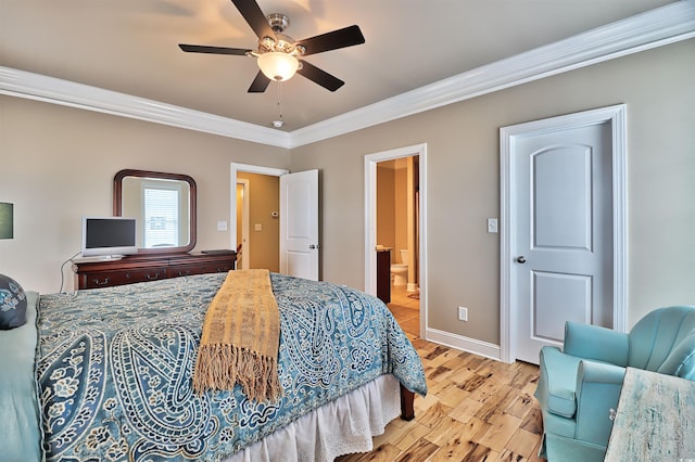 bedroom with ornamental molding, wood-type flooring, ceiling fan, and ensuite bathroom