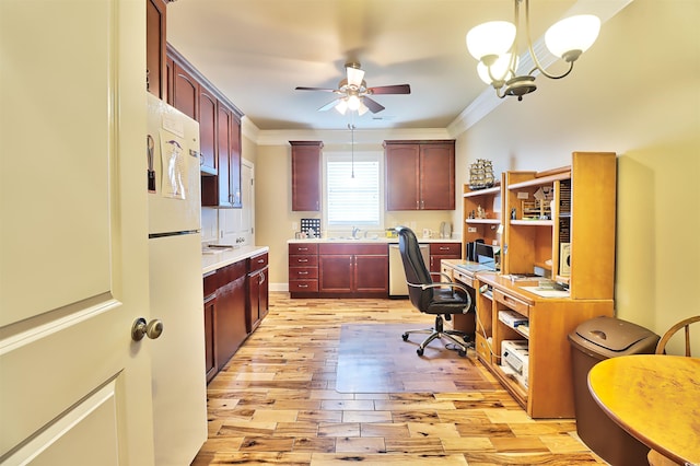 office space featuring ceiling fan with notable chandelier, sink, light hardwood / wood-style floors, and crown molding