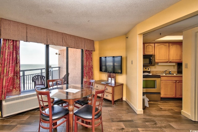 dining room featuring sink, a water view, a textured ceiling, and radiator