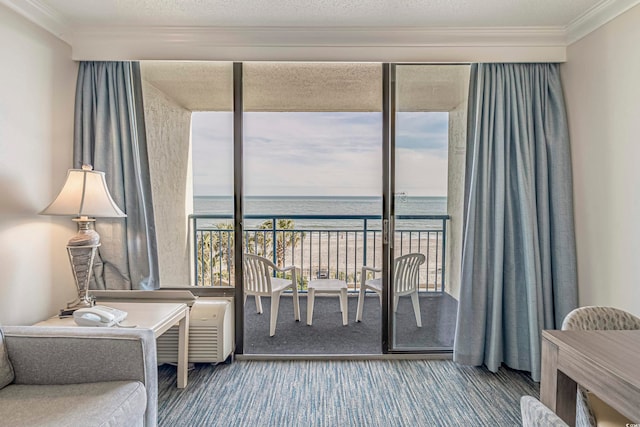 interior space featuring crown molding, carpet flooring, a water view, and a textured ceiling