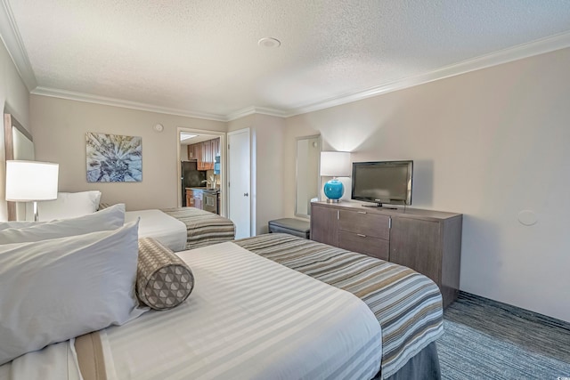 bedroom featuring a textured ceiling and crown molding