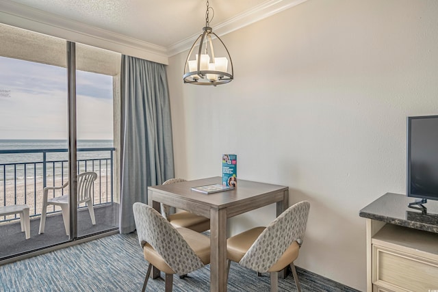 dining room with ornamental molding, a chandelier, a healthy amount of sunlight, and a water view