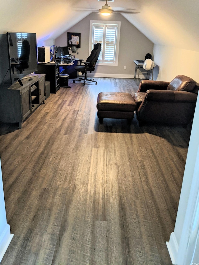 office space with lofted ceiling and hardwood / wood-style floors