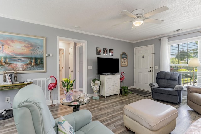 living room featuring hardwood / wood-style floors, a textured ceiling, and ceiling fan