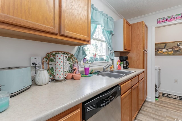 kitchen with dishwasher, sink, light hardwood / wood-style flooring, crown molding, and a textured ceiling