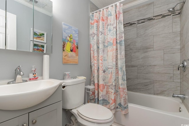 full bathroom with vanity, toilet, ornamental molding, and shower / bath combo with shower curtain