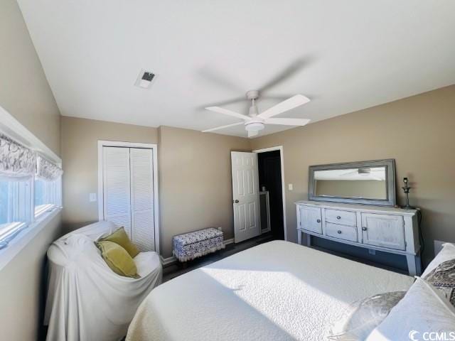 bedroom featuring ceiling fan and a closet