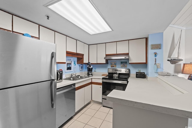 kitchen with white cabinetry, kitchen peninsula, stainless steel appliances, sink, and light tile floors