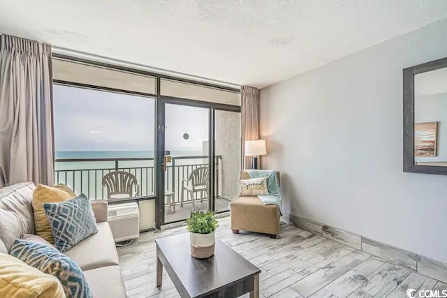 living room featuring a water view and light hardwood / wood-style flooring