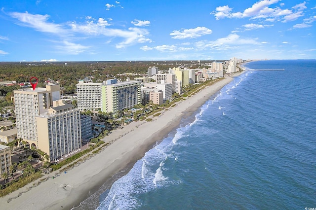 bird's eye view with a view of the beach and a water view