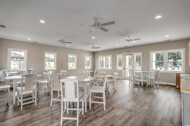 dining space featuring a healthy amount of sunlight and dark wood-type flooring