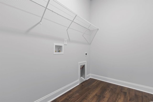 laundry area with hookup for an electric dryer, dark wood-type flooring, and washer hookup