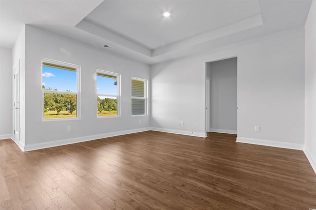 unfurnished room featuring dark hardwood / wood-style floors and a tray ceiling