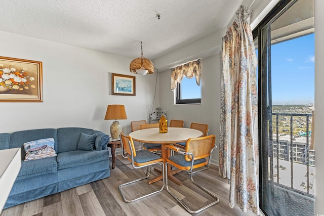 dining room with hardwood / wood-style flooring and a textured ceiling