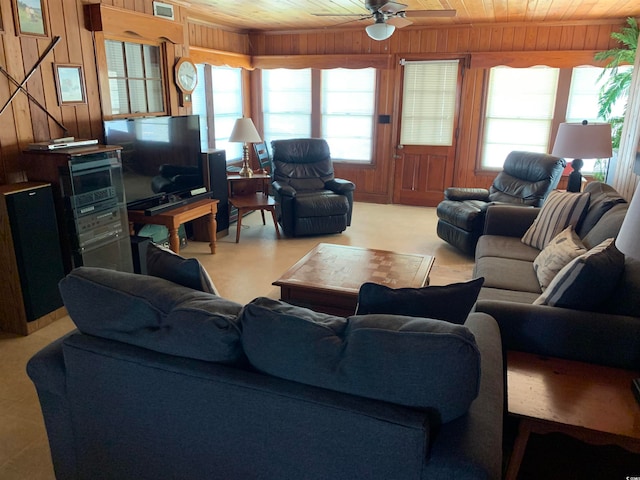 living room featuring wood ceiling, ceiling fan, and wooden walls