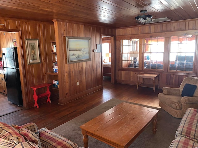 living room featuring wood ceiling, dark hardwood / wood-style floors, and wooden walls