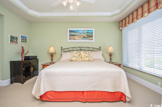 carpeted bedroom with a raised ceiling, ceiling fan, and crown molding